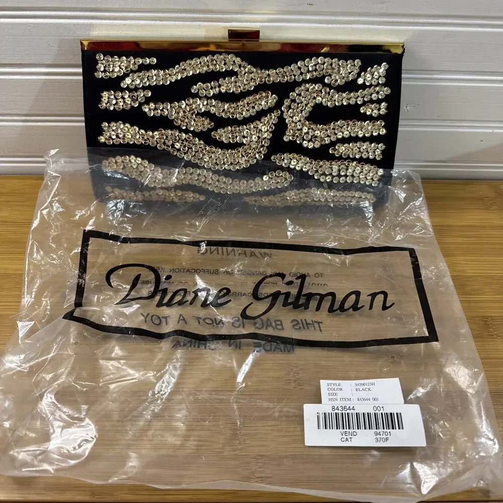 Diane Gilman Evening Clutch Bag Black Gold Sequin Zebra Stripe Frame Chain Purse